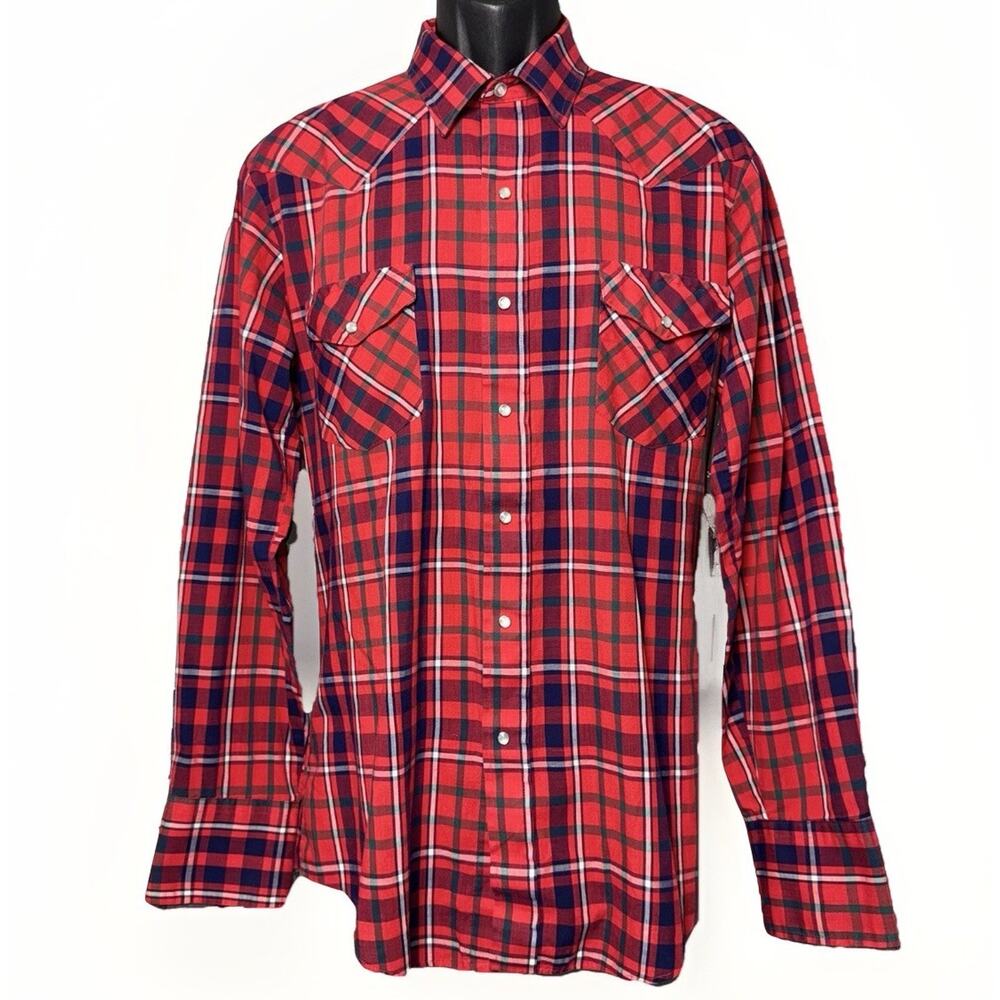 Vintage Karman Shirt Men Large Check Red Plaid Pearl Snap Western Cowboy 80s USA